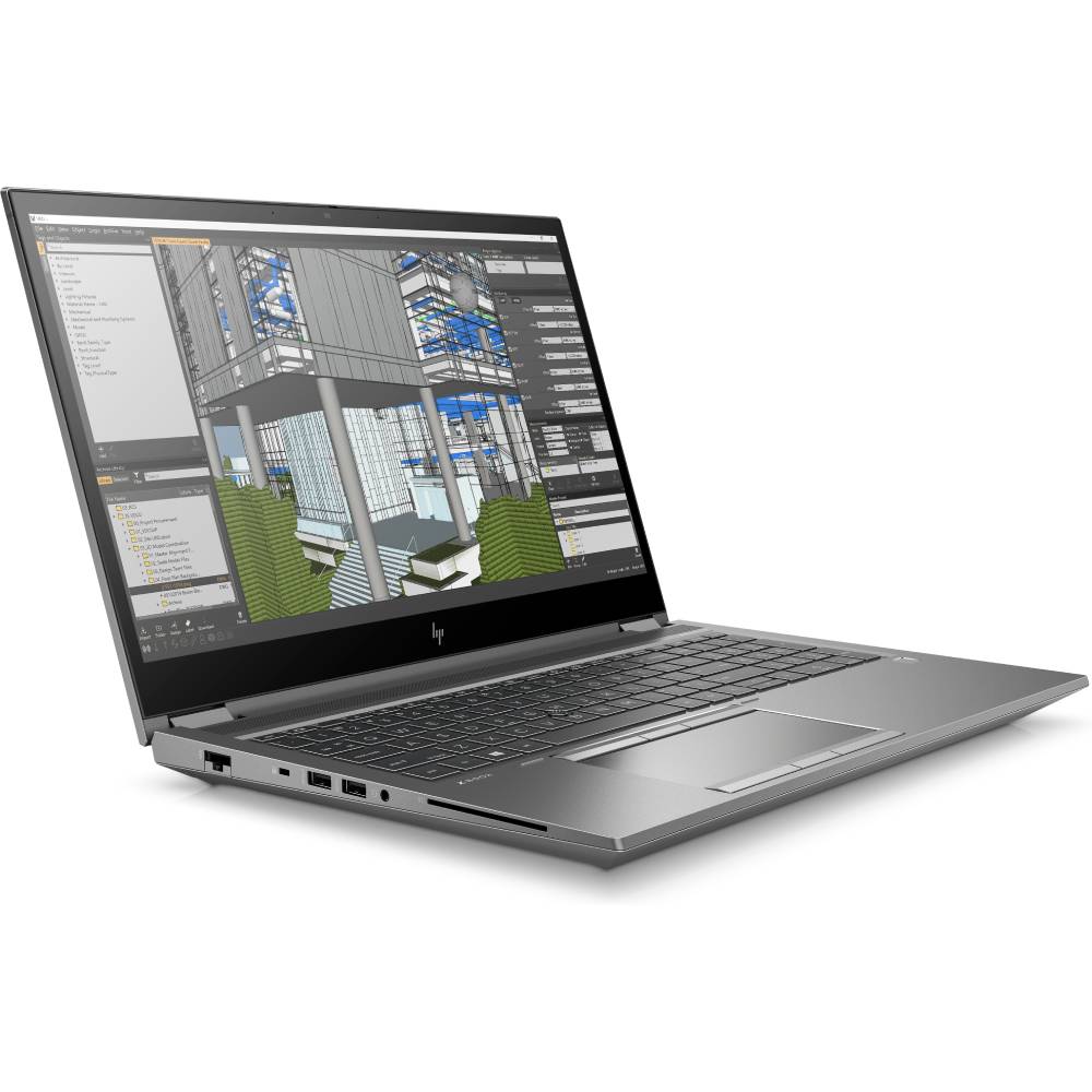 HP ZBook Fury G8 ricondizionato aperto di tre quarti con software di modellazione 3D sullo schermo