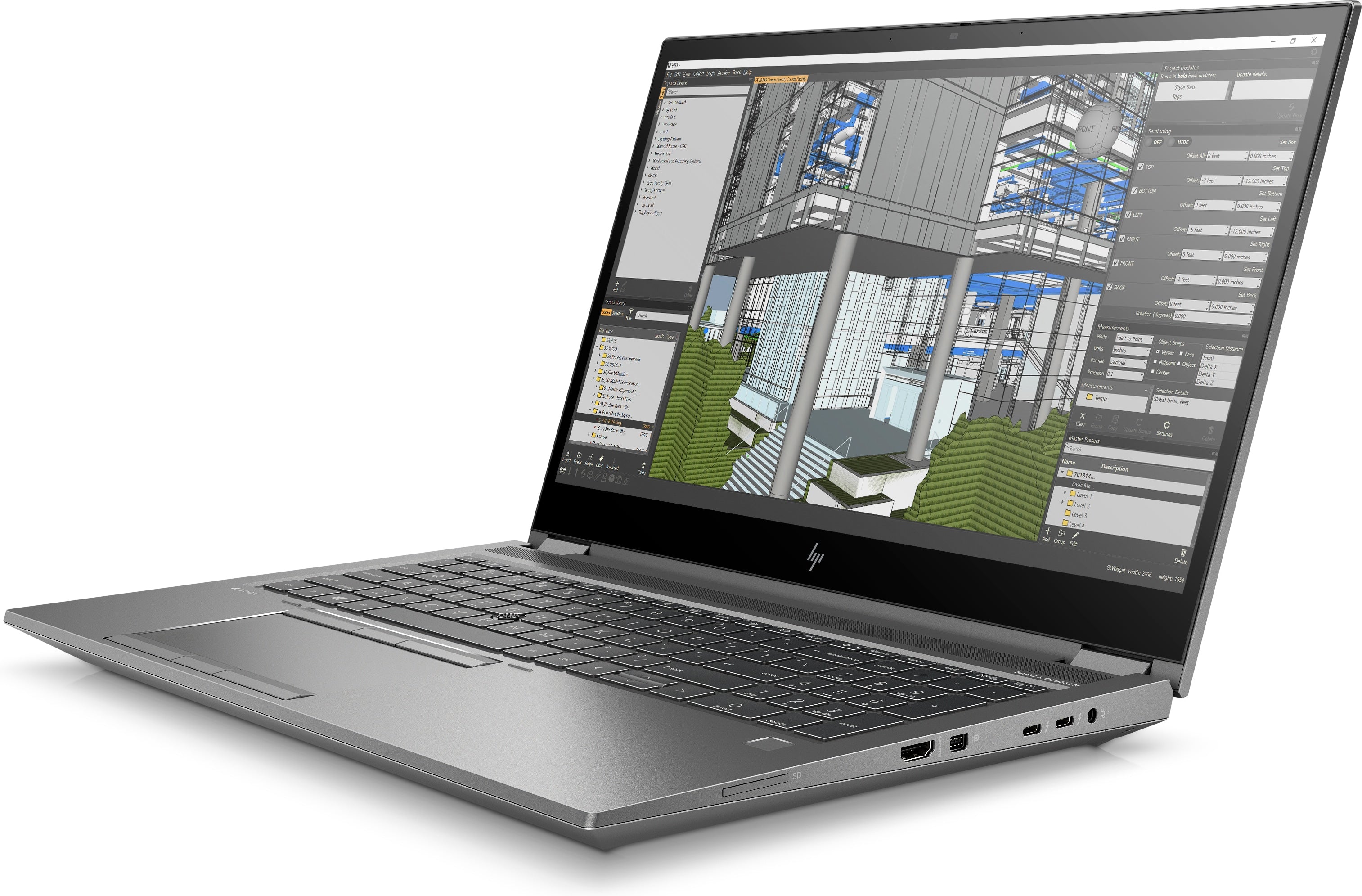 HP ZBook Fury G8 ricondizionato aperto di tre quarti, vista laterale destra con tastiera retroilluminata