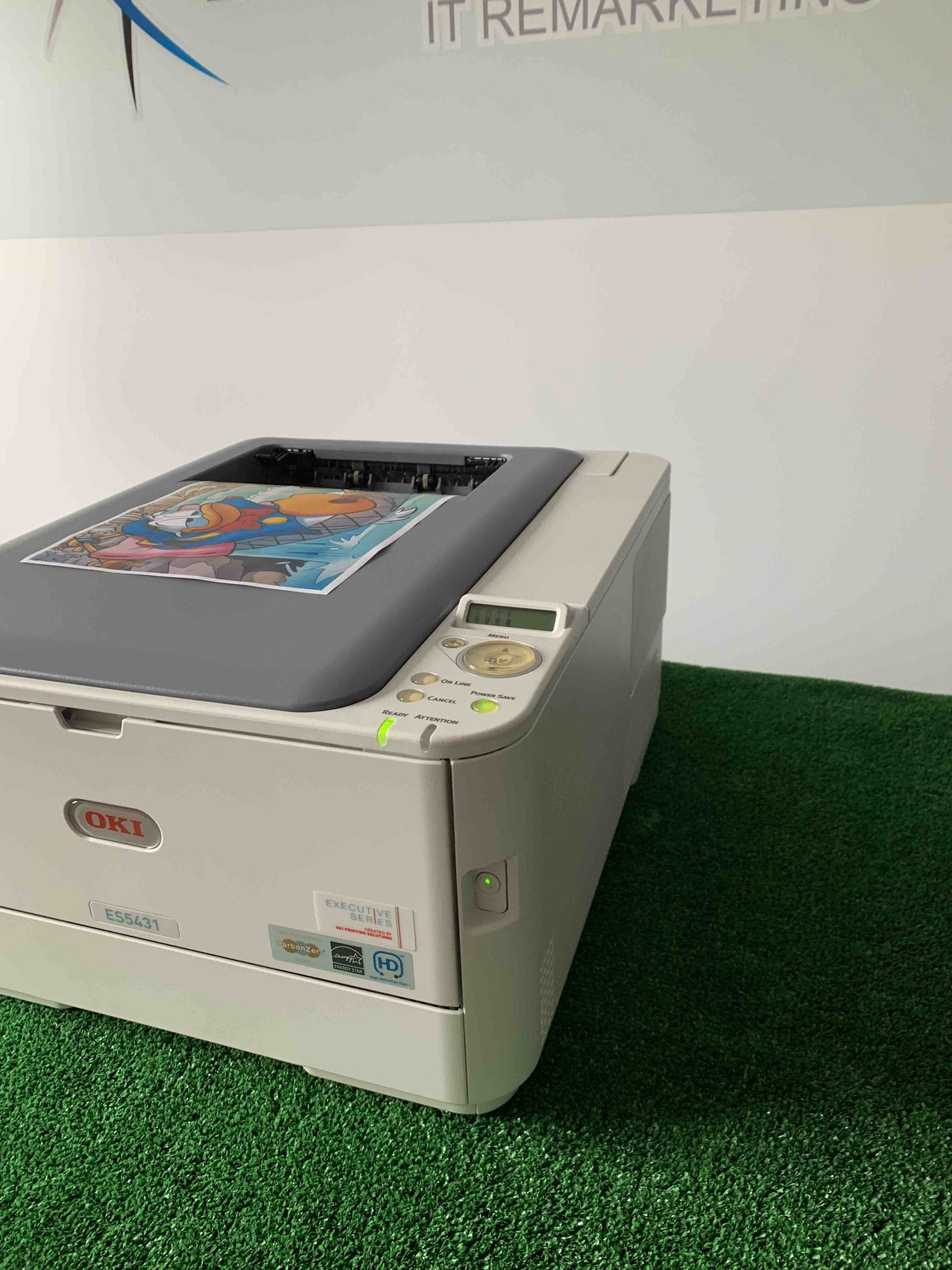 Stampante laser OKI ES5431 in esposizione su prato sintetico, stampa a colori visibile, Messoanuovo.it