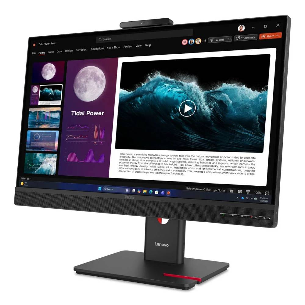 Lenovo ThinkCentre TIO27 Gen6 All-in-One con monitor 27" QHD nuovo e webcam integrata, vista frontale angolata