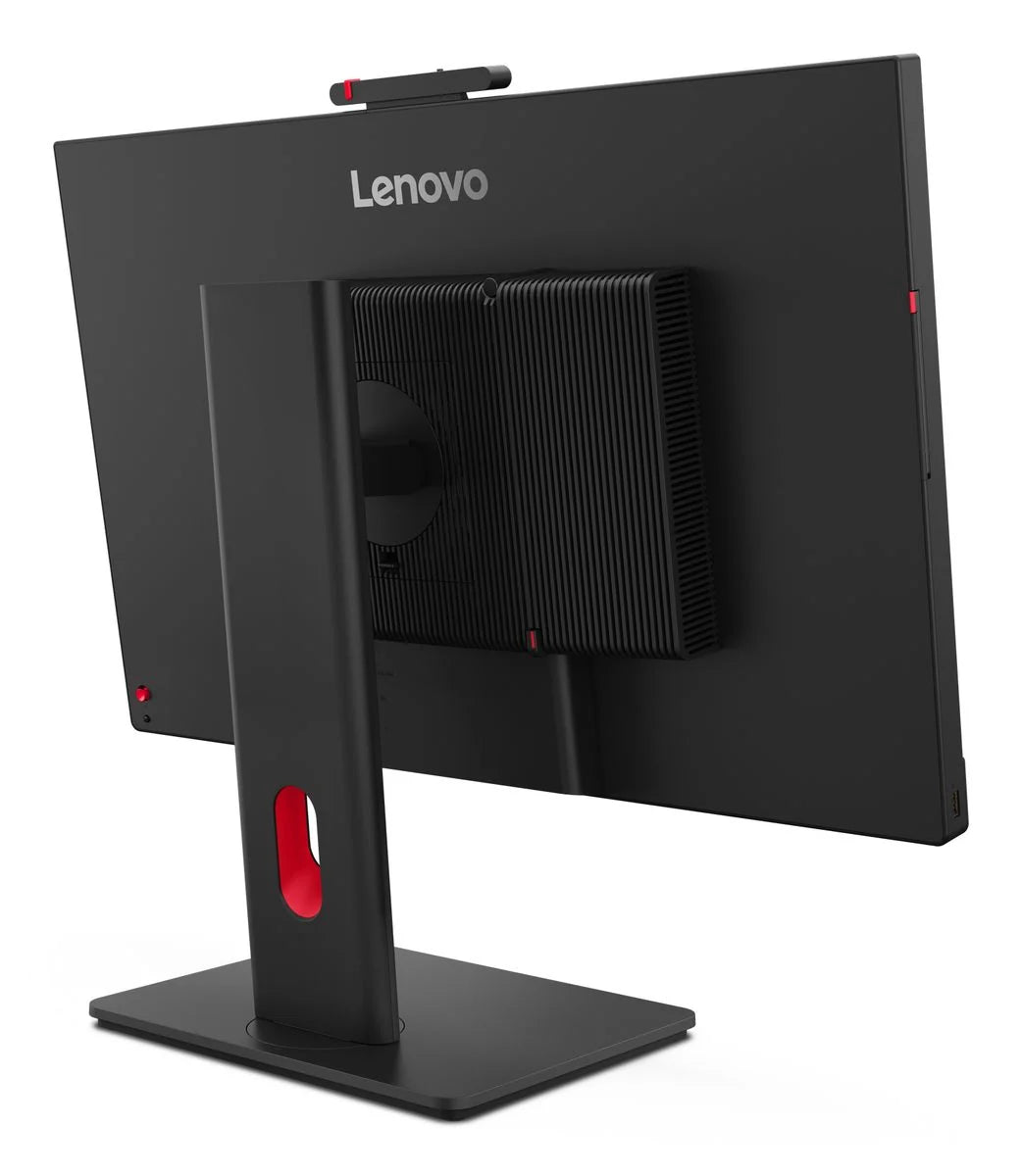 Lenovo ThinkCentre TIO27 Gen6 vista posteriore angolata con mini PC integrato e porte USB accessibili