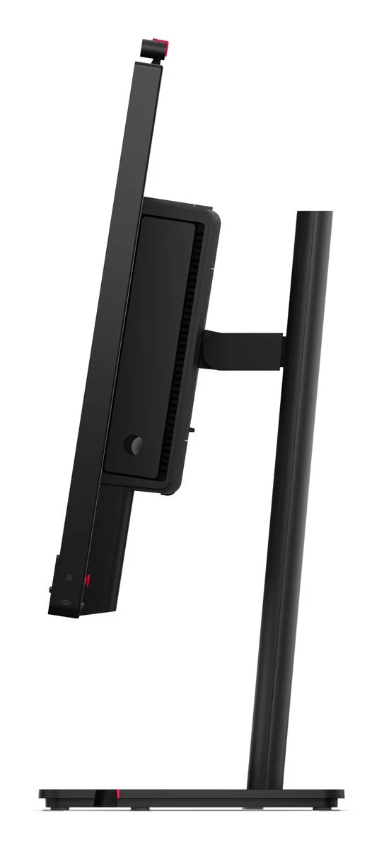 Lenovo ThinkCentre TIO27 Gen6 di lato in posizione bassa, con mini PC compatto integrato sul retro del monitor