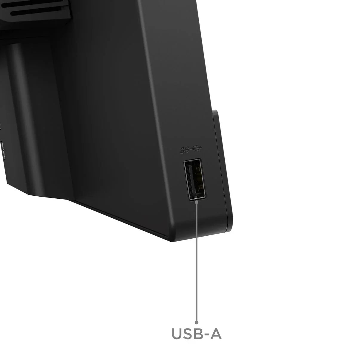 Dettaglio della porta USB-A laterale del monitor Lenovo ThinkCentre TIO27 Gen6, comoda per chiavette e periferiche