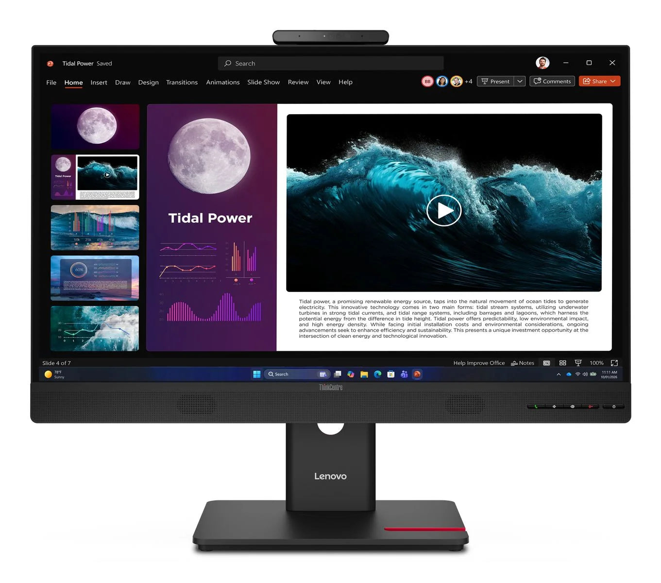 Lenovo ThinkCentre TIO27 Gen6 vista frontale: monitor 27" QHD con webcam, casse integrate e base stabile