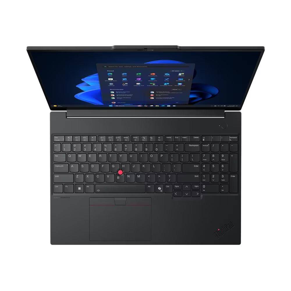 Vista dall’alto del Lenovo ThinkPad E16 Gen 3 con tastiera completa e touchpad, ideale per lavoro intensivo e mobilità professionale.