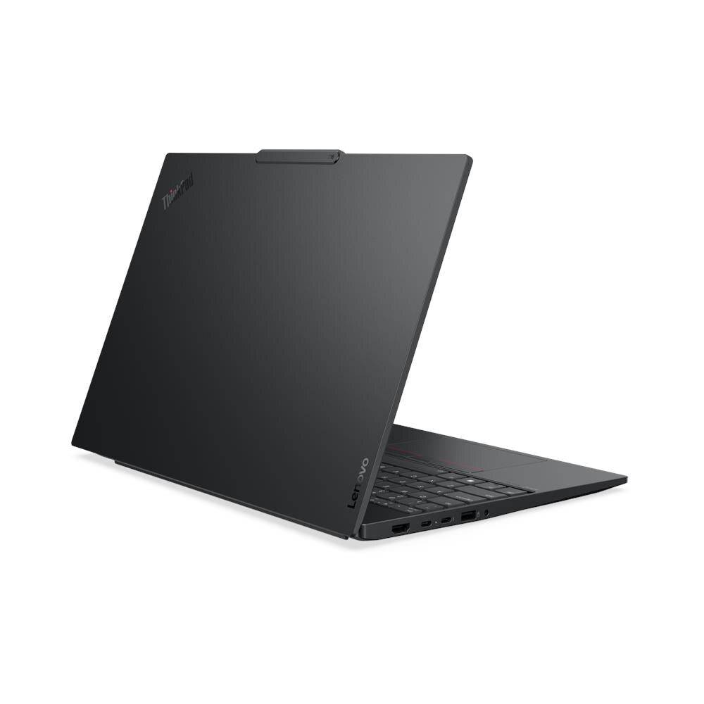 Vista posteriore angolata del Lenovo ThinkPad E16 Gen 3, notebook sottile e potente con finitura nera opaca e logo Lenovo.