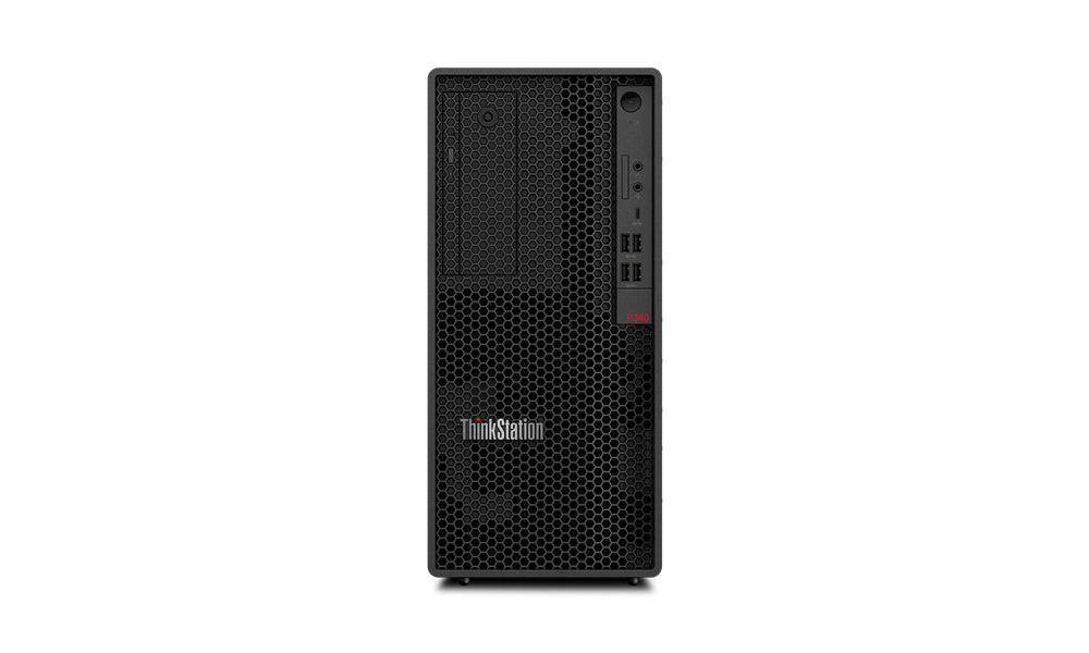Vista frontale Lenovo ThinkStation P340 i7 RTX 2060 16GB, design a griglia per ottima ventilazione. Desktop ricondizionato per uso professionale.