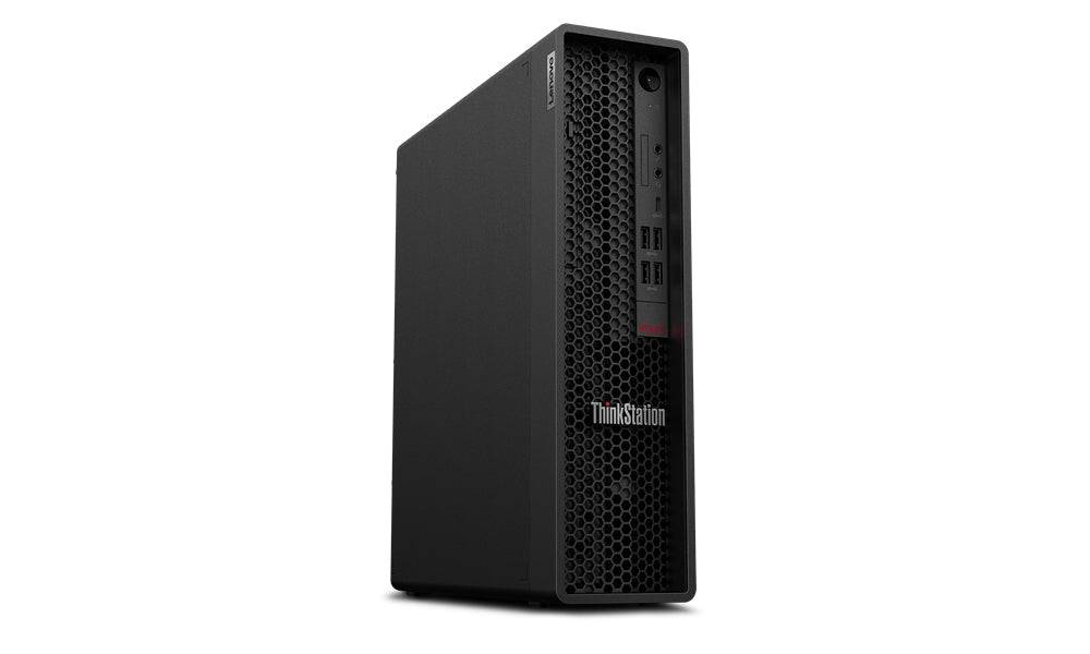 Workstation compatta Lenovo ThinkStation P340 i7 con case SFF nero, porte frontali USB e design salvaspazio ideale per ufficio o lavoro remoto.