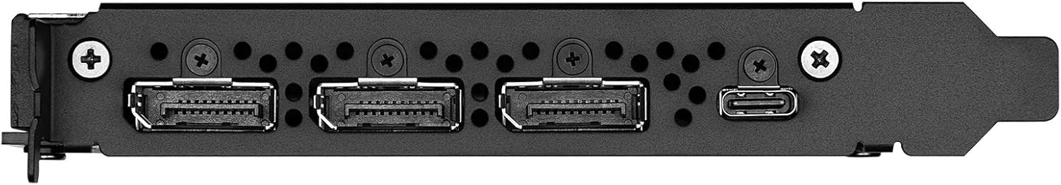 Uscite video della scheda grafica Nvidia RTX 4000 con 3 DisplayPort e 1 USB-C, perfette per configurazioni multi-monitor.