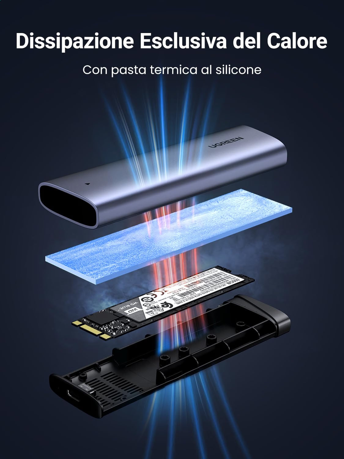 Vista esplosa della dissipazione del calore Ugreen CM767 con pad termico a contatto diretto con l'SSD M.2