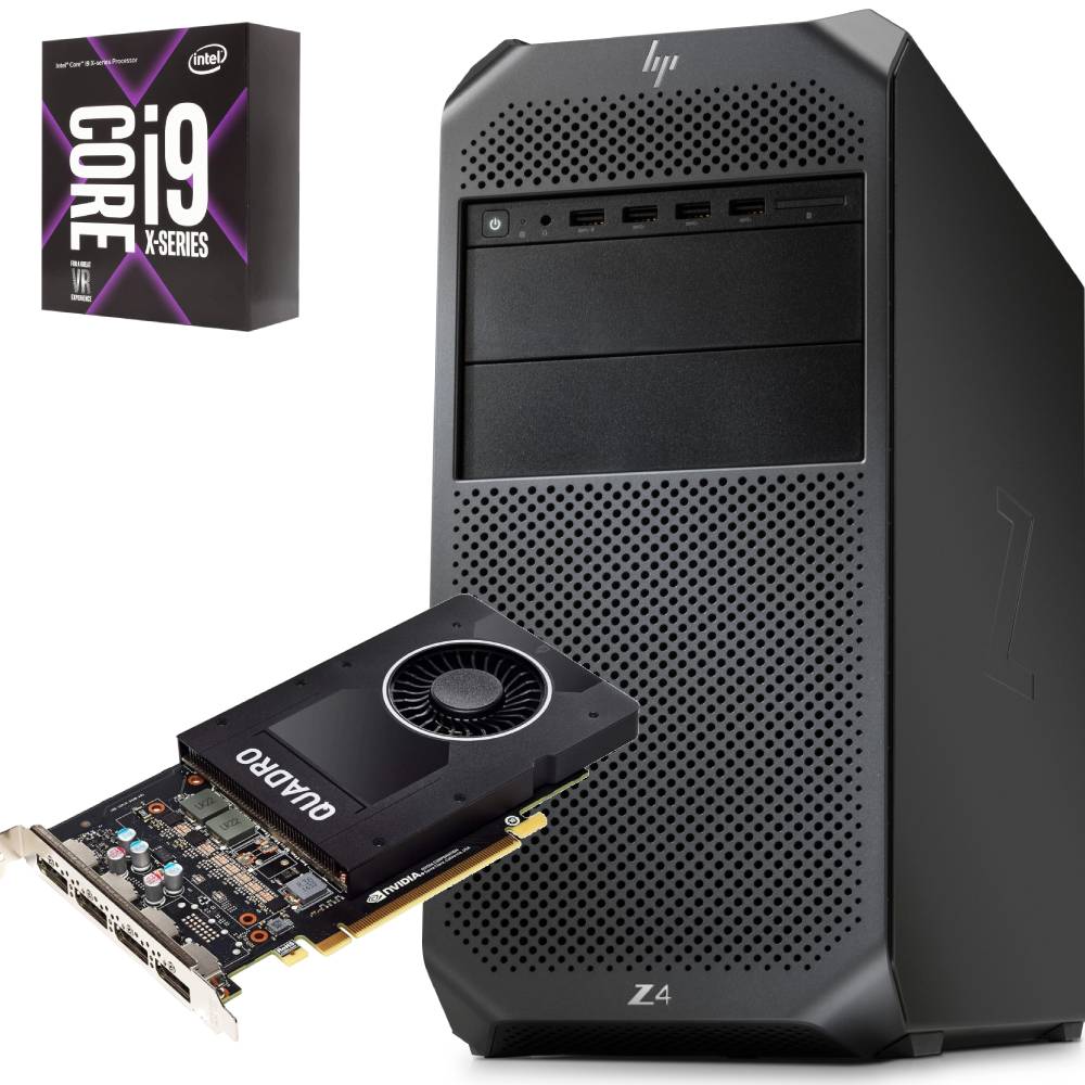 Workstation HP Z4 G4 ricondizionata con case tower nero, scheda grafica Nvidia Quadro P2000 e processore Intel Core i9-7900X inclusi.
