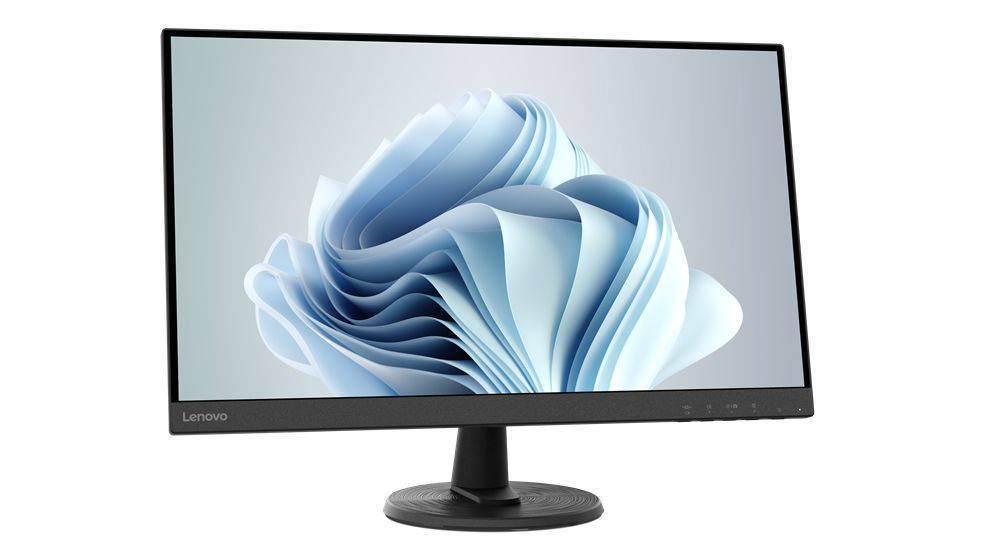 Monitor Lenovo 27 pollici IPS FullHD con cornice sottile e base circolare, incluso nel bundle con notebook V15 G4 e docking USB-C.