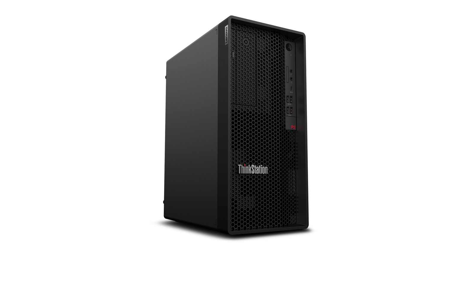 Vista angolare della Lenovo ThinkStation P2 Gen 2, tower professionale con SSD 2TB e Nvidia RTX 4000 per prestazioni elevate.