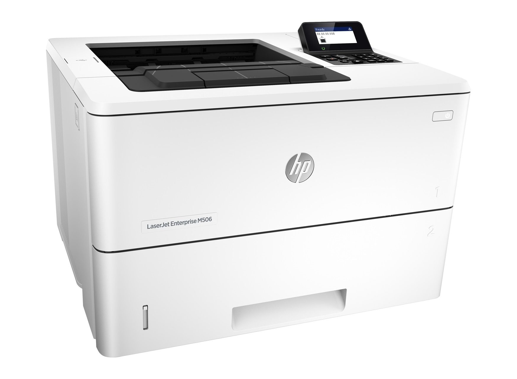 Stampante laser HP LaserJet Enterprise M506 bianca, multifunzione professionale in primo piano