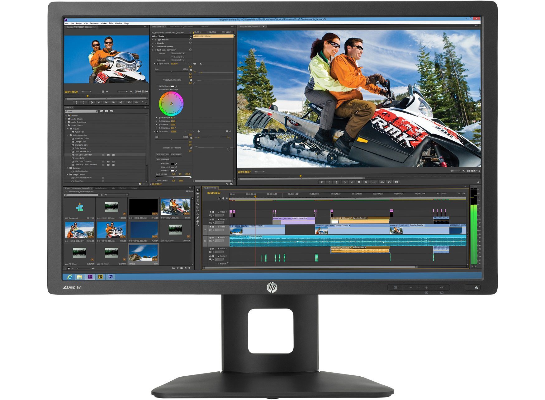 Monitor HP ZDisplay con schermata di editing video, ideale per workstation e pc ricondizionati