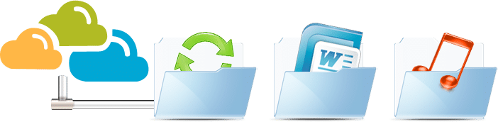 Cartelle cloud con icone di sincronizzazione, documenti Word e file musicali su Messoanuovo.it