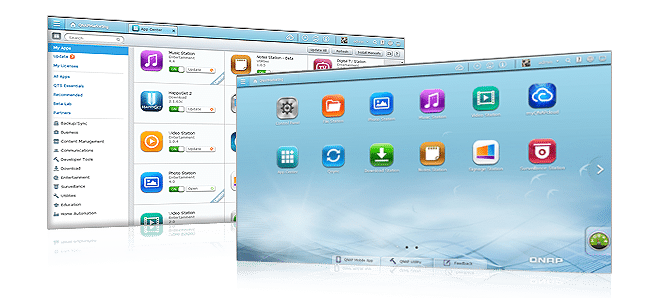 Interfaccia software QNAP con icone colorate per gestione NAS, su sfondo trasparente, Messoanuovo.it