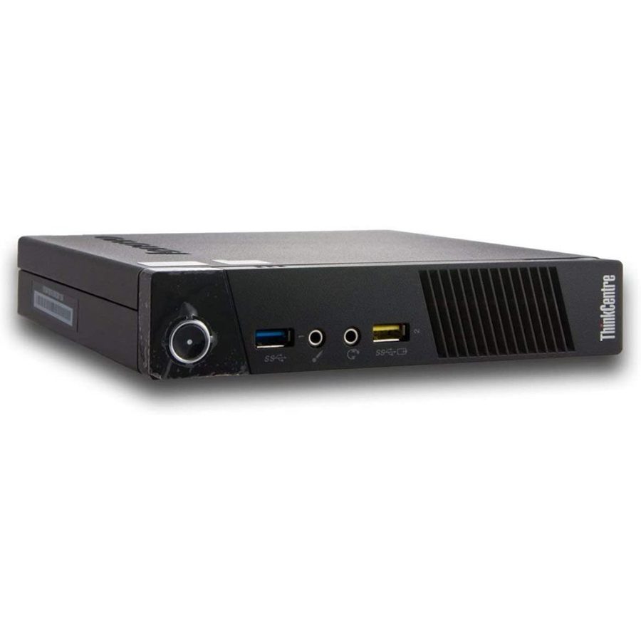 Mini PC ThinkCentre ricondizionato, porte USB e audio frontali, su sfondo bianco