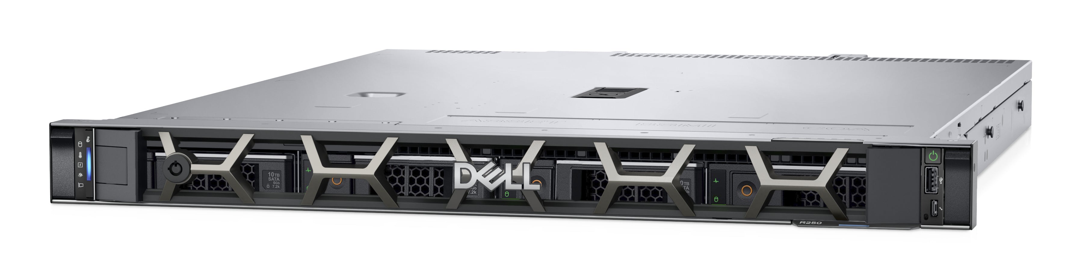 Vista angolata del server Dell PowerEdge R250 1U con Xeon E-2314, 16 GB RAM e 2×1 TB SSD, perfetto per infrastrutture IT aziendali.