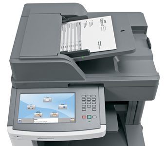 Stampante multifunzione laser grigia vista dall'alto con display touchscreen su Messoanuovo.it